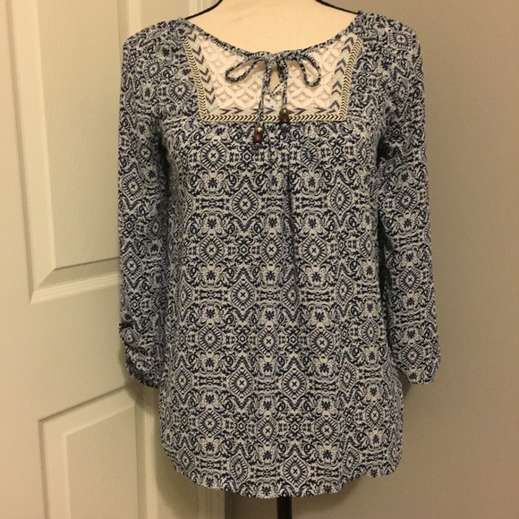Rewind Tops - REWIND Boho Patterned 3/4 Sleeve Peasant Blouse